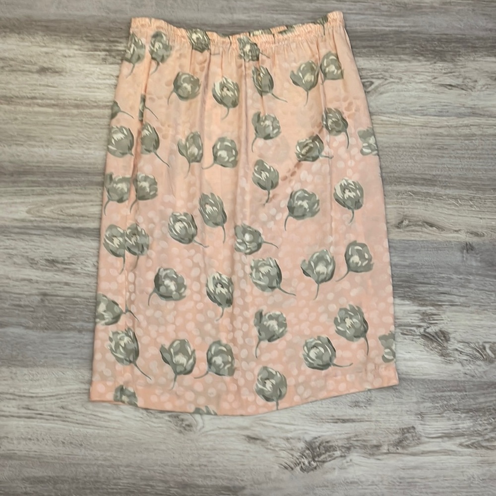 Vintage 100% Silk Pink with Pale Green Floral Elastic Waist Midi Skirt Size 12 - Picture 4 of 11